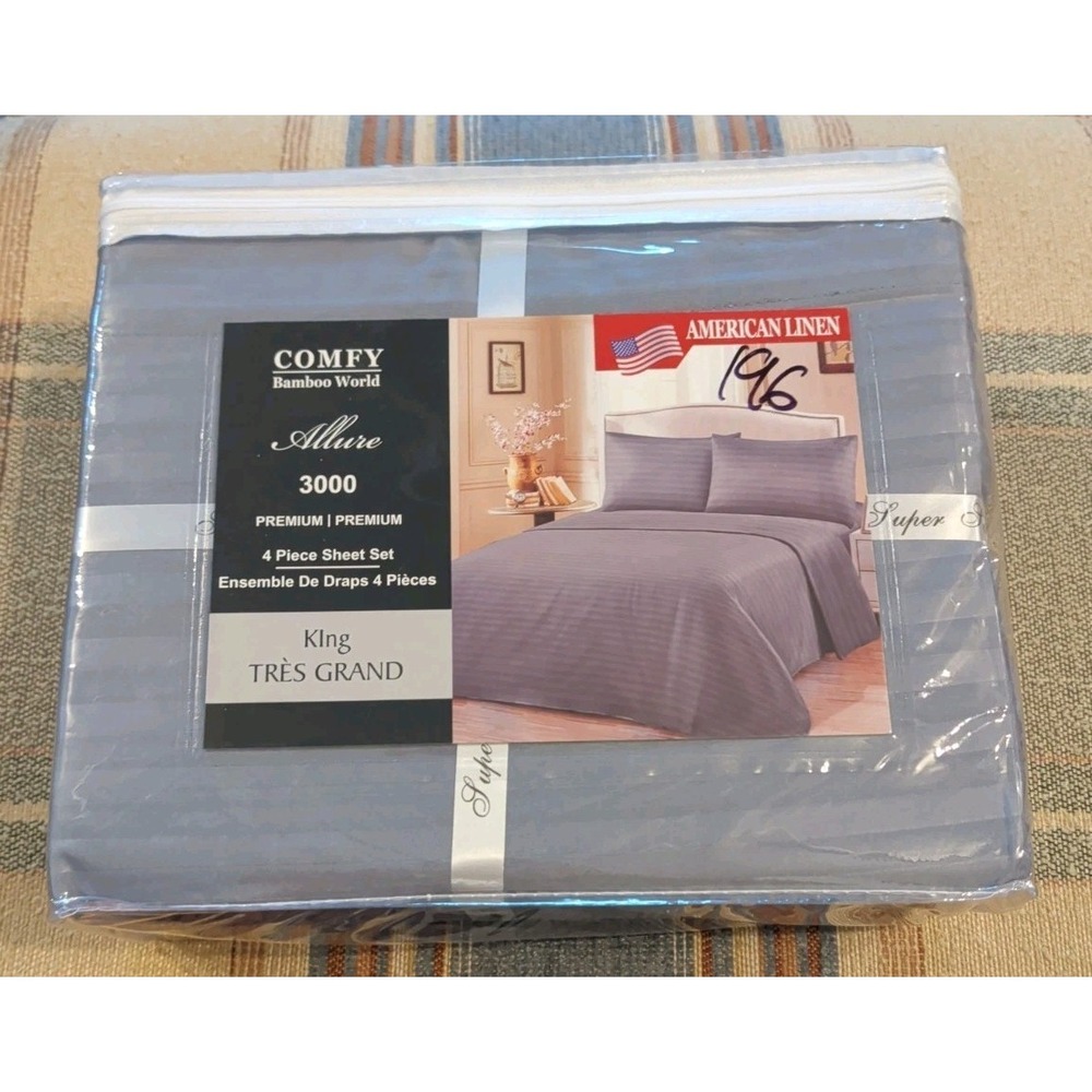 American Linen Sheet Set King Grey Allure 3000 Bamboo World 4 Piece Striped
